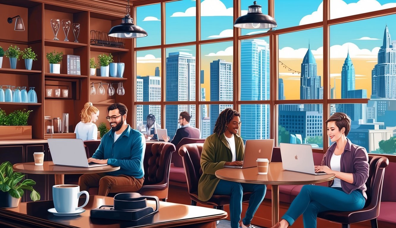 A cozy coffee shop with laptop users, city skyline in background