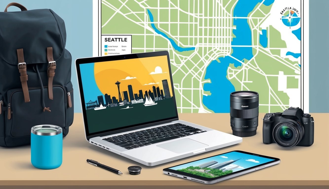 A laptop, smartphone, and camera sit on a table with a map of Seattle in the background.</p><p>A backpack and travel mug are nearby