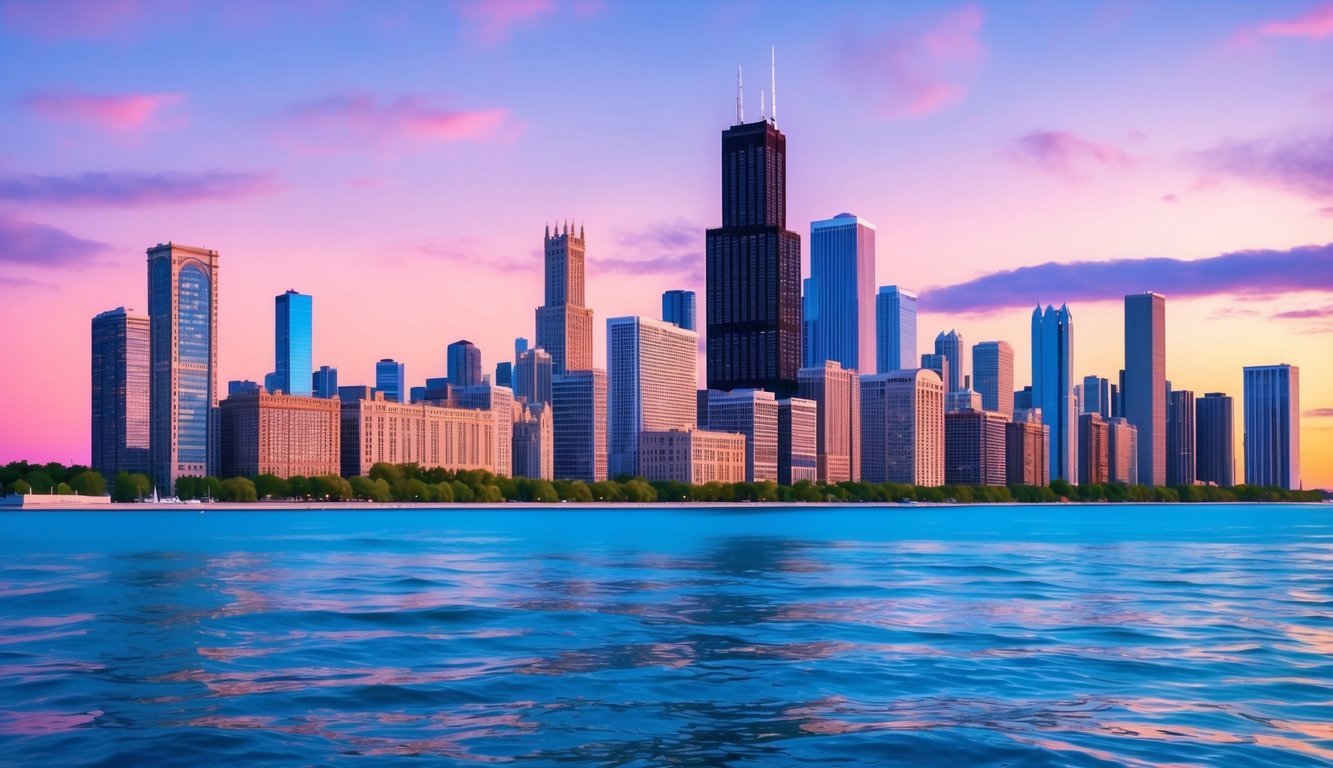 The Chicago skyline at sunset, with modern high-rise buildings and the shimmering waters of Lake Michigan, creating a vibrant backdrop for digital nomads