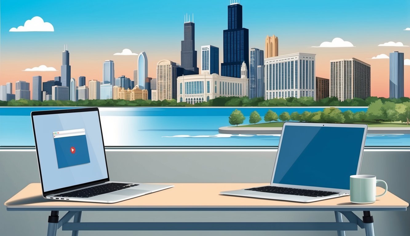 A modern workspace with a skyline view of Chicago, featuring a sleek desk, laptop, and coffee mug