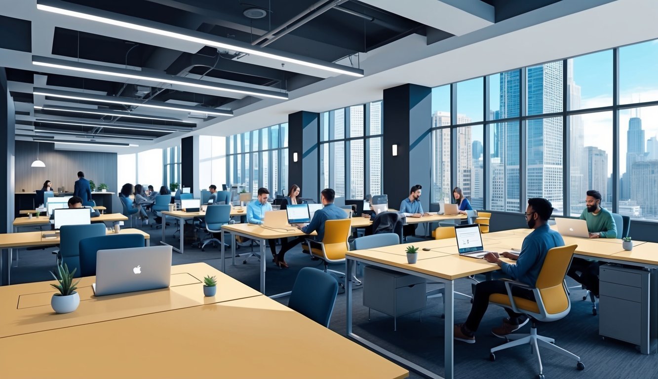 A modern co-working space in downtown Chicago, filled with sleek desks, high-speed internet, and bustling with digital nomads focused on their work