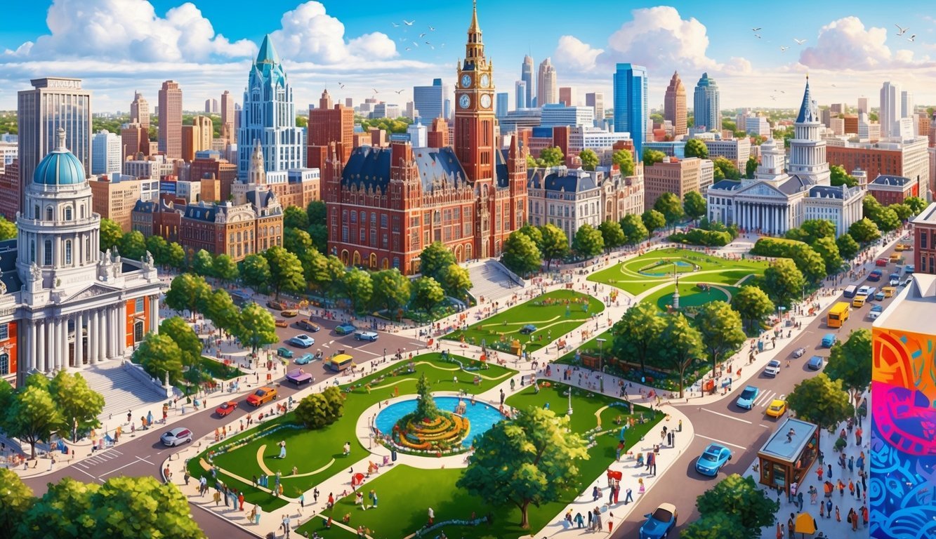 A bustling cityscape with iconic architecture, parks, and vibrant street art, surrounded by a diverse mix of people and activities