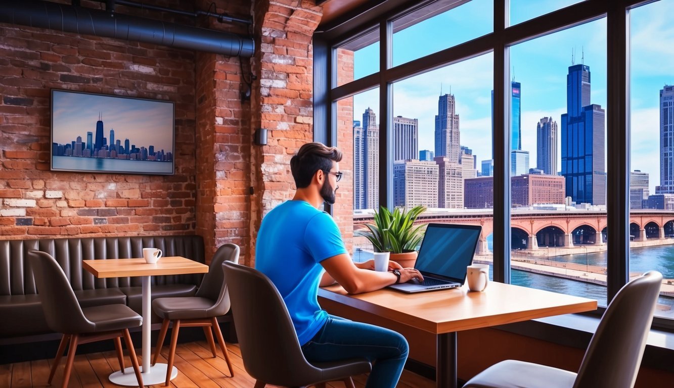 A digital nomad working on a laptop in a cozy coffee shop with exposed brick walls and large windows overlooking the Chicago cityscape