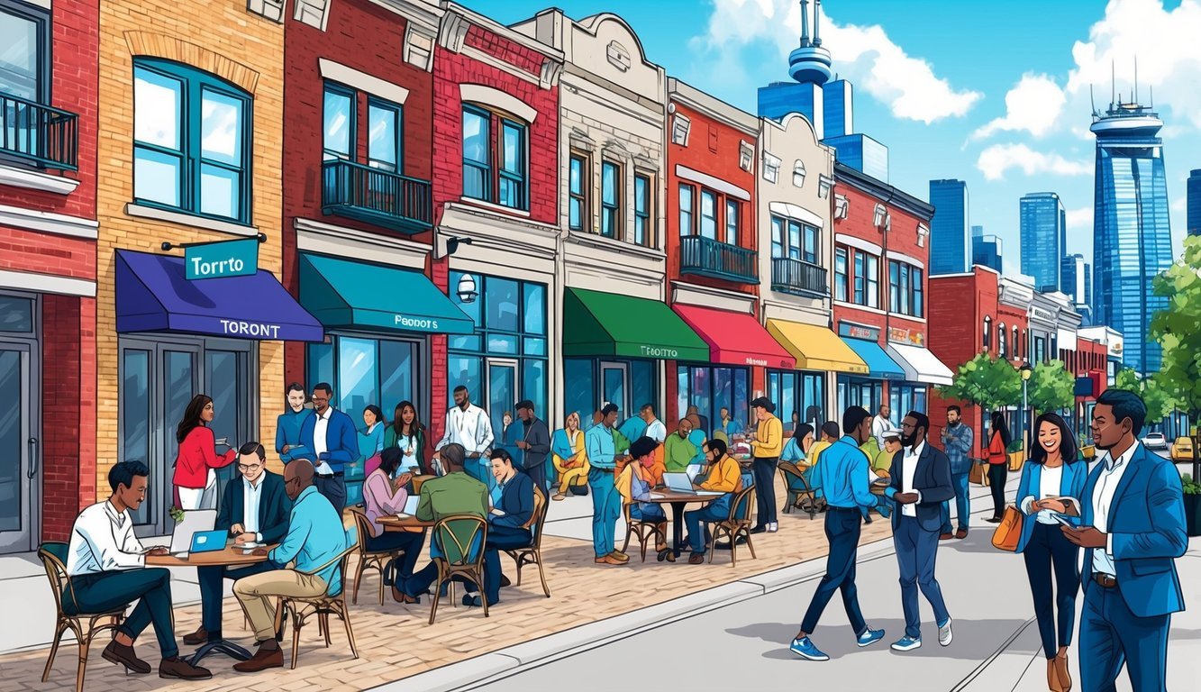 A bustling Toronto neighborhood with diverse people working in cafes, collaborating in co-working spaces, and attending local networking events