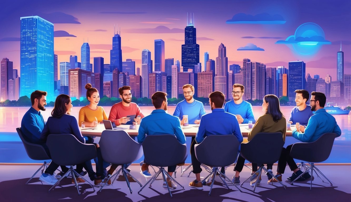 A group of digital nomads gather at a bustling Chicago meetup, exchanging ideas and networking amid the city skyline