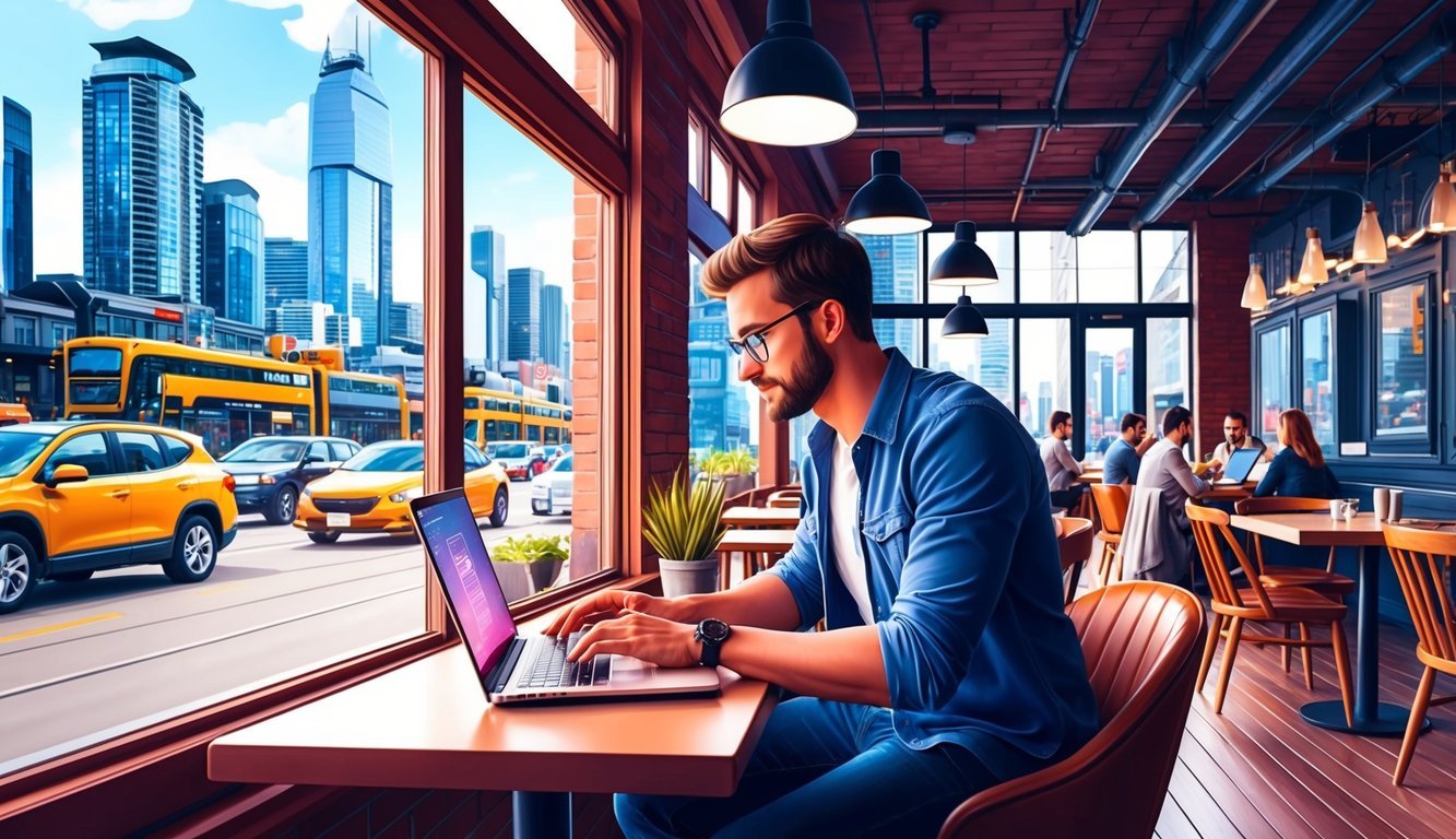 A digital nomad working at a laptop in a cozy Toronto cafe, surrounded by bustling city streets and modern skyscrapers