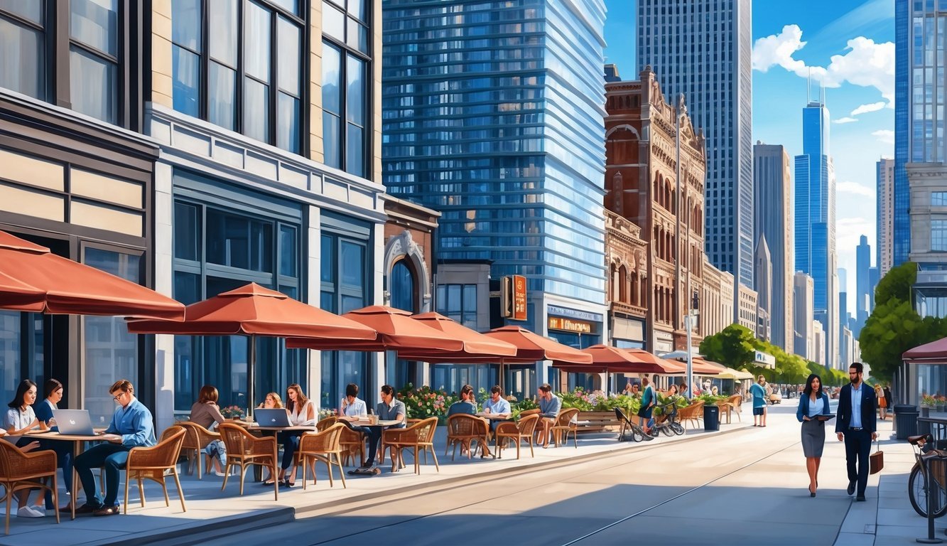 A bustling Chicago street with modern skyscrapers, outdoor cafes, and people working on laptops