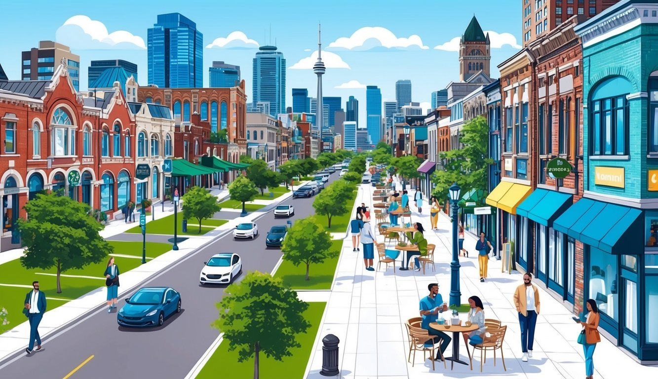 A bustling street in Toronto, Canada, lined with diverse cultural landmarks, modern cafes, and green parks, offering digital nomads a variety of cultural experiences and leisure activities