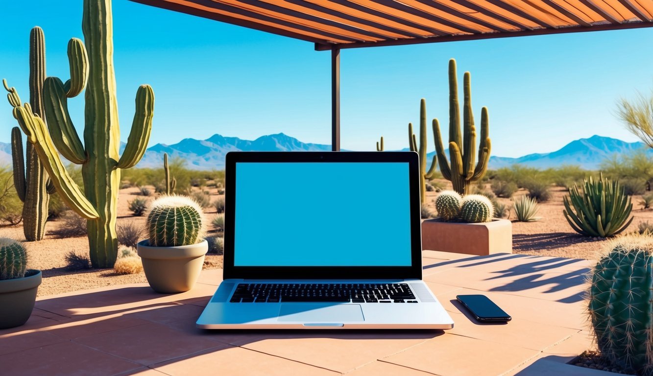 A laptop on a shaded patio, surrounded by cacti and desert landscape, with a clear blue sky and mountains in the distance
