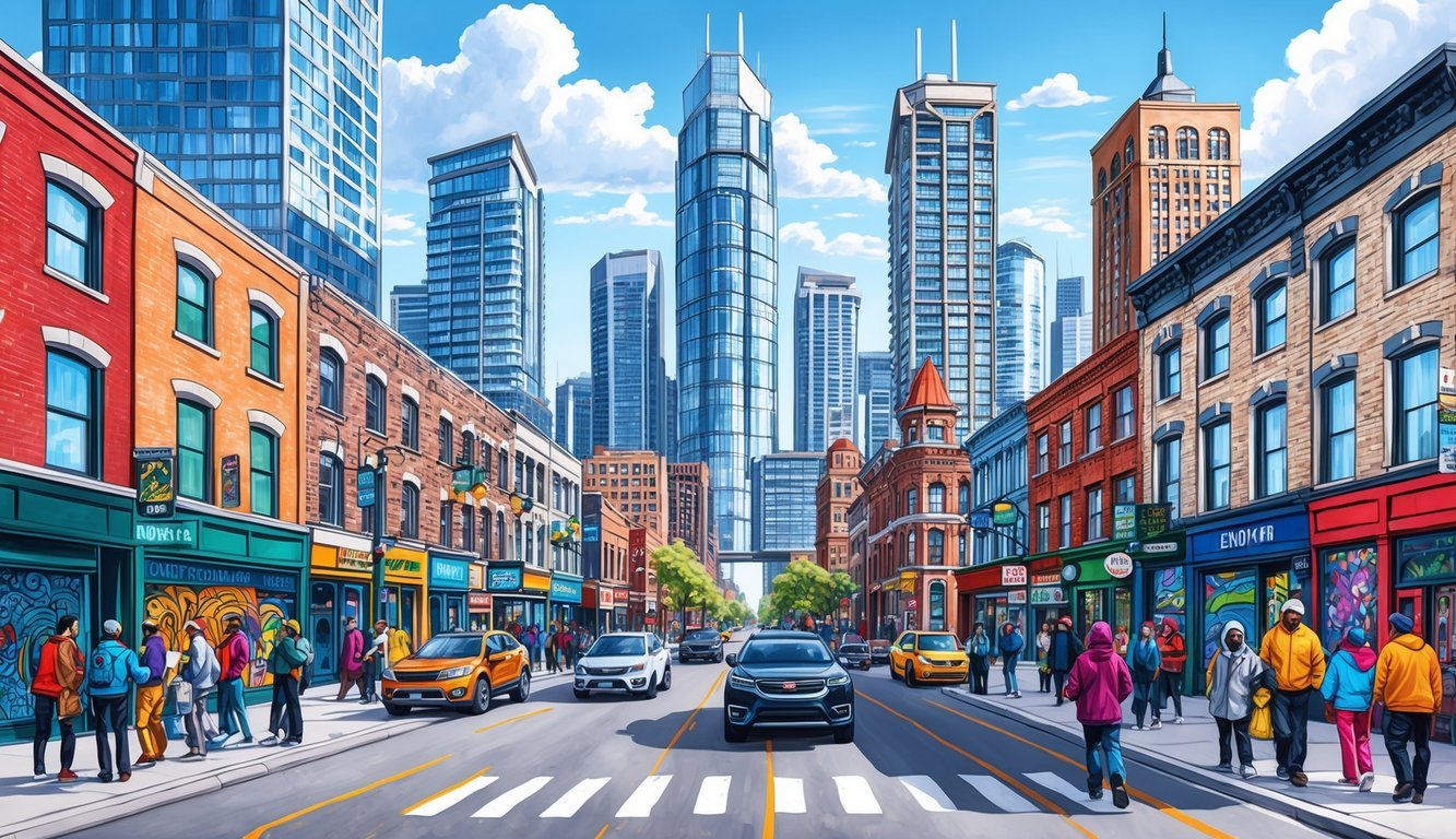 A bustling Toronto street with a mix of modern skyscrapers and historic buildings, surrounded by diverse people and vibrant street art