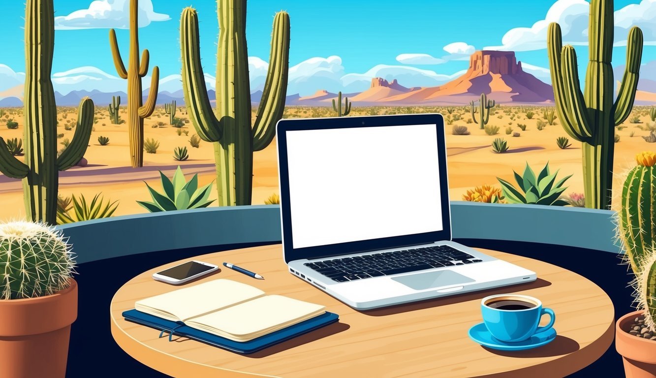 A laptop, notebook, and coffee sit on a table in a sunny cafe, surrounded by cacti and desert scenery in Phoenix