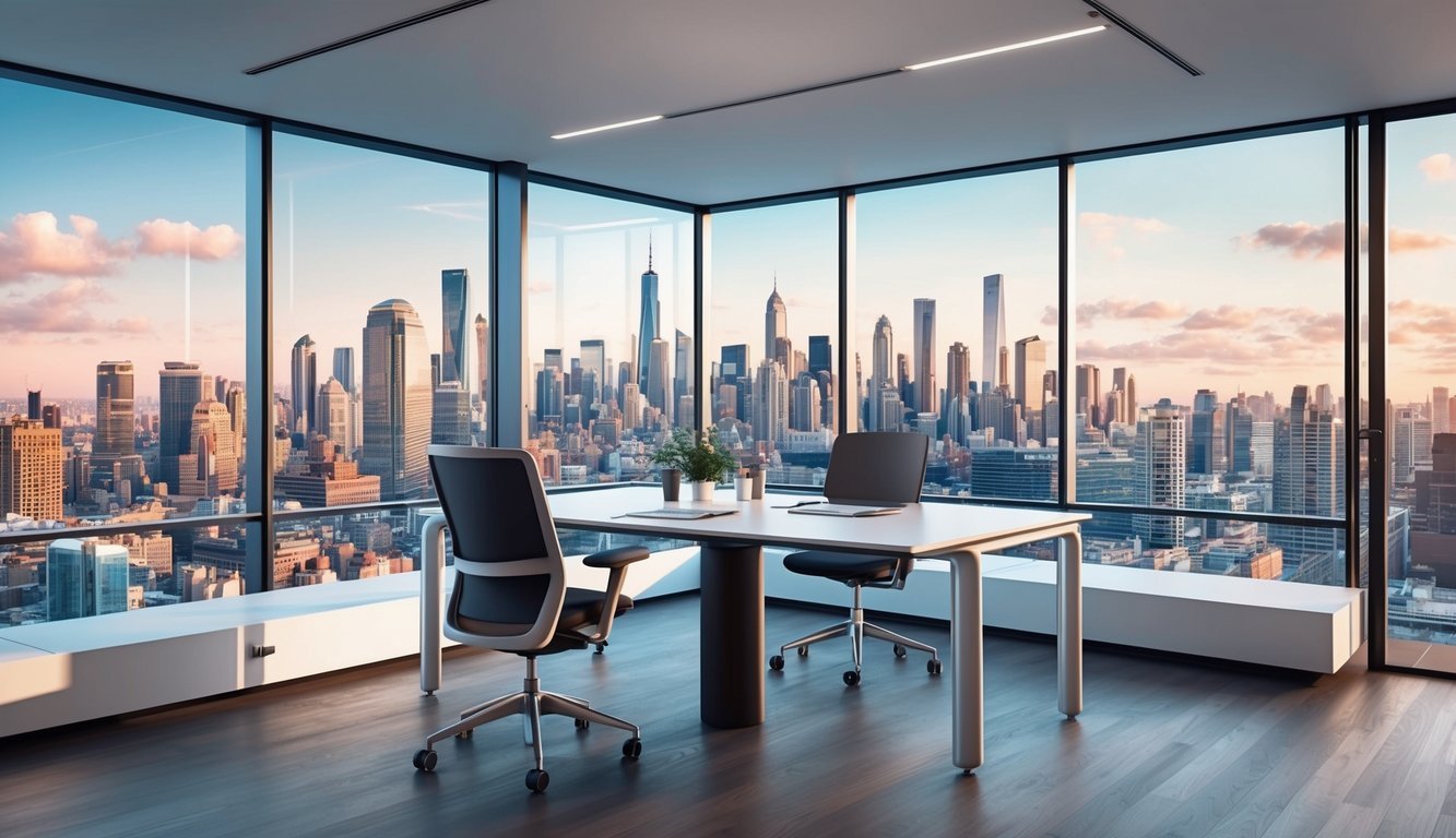A modern, open-plan workspace with sleek, ergonomic furniture and large windows overlooking a bustling city skyline