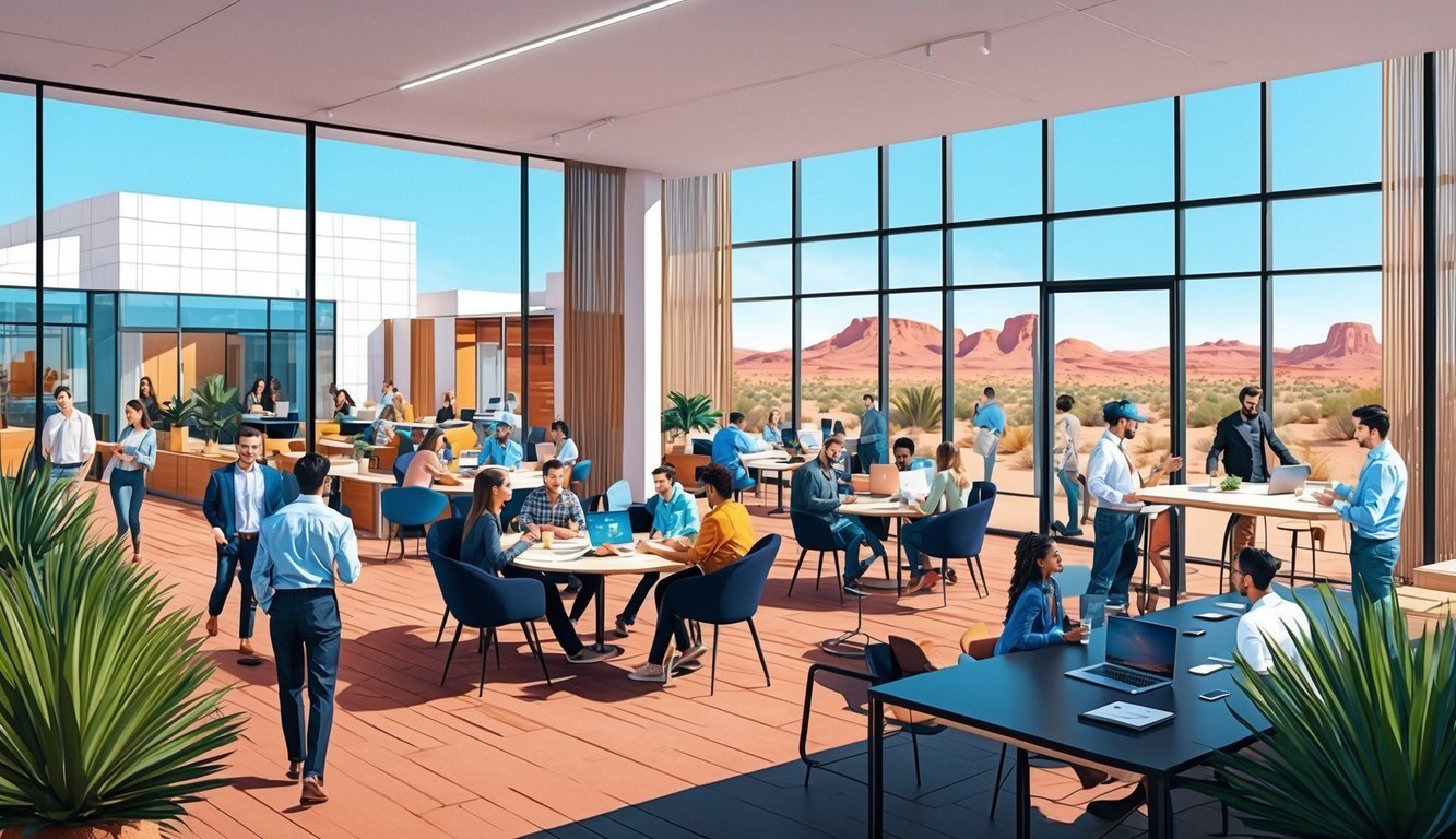 A bustling co-working space in Phoenix, with people networking and collaborating, surrounded by modern architecture and desert landscapes