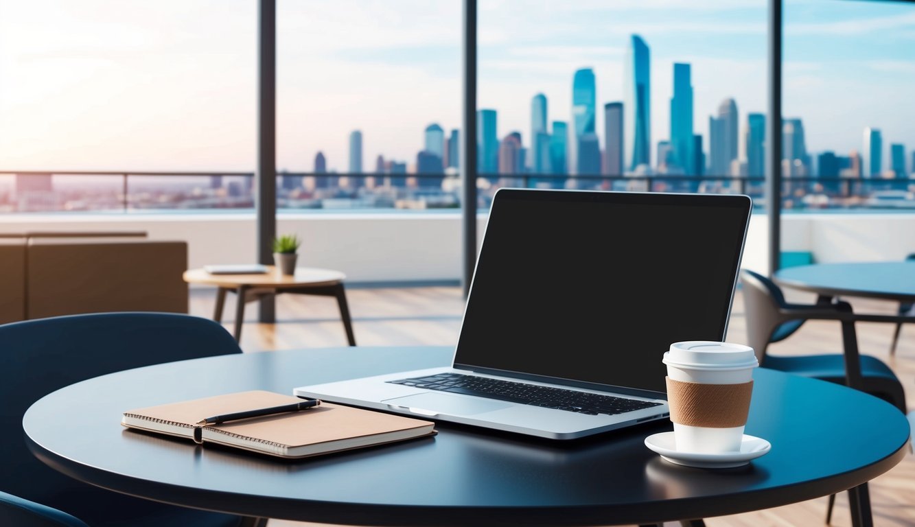 A laptop, notebook, and coffee cup on a table in a modern co-working space with a view of the city skyline