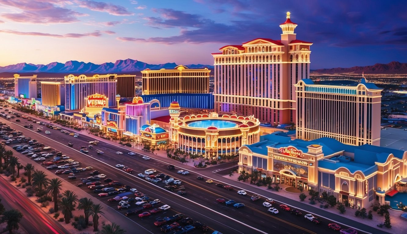 A bustling Las Vegas strip with bright lights and towering casinos, surrounded by desert landscape