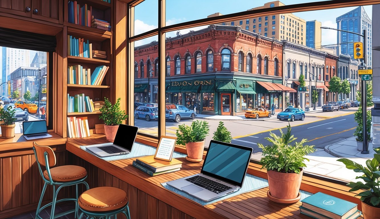 A cozy coffee shop with laptops, books, and plants, overlooking a bustling city street in Edmonton, Canada