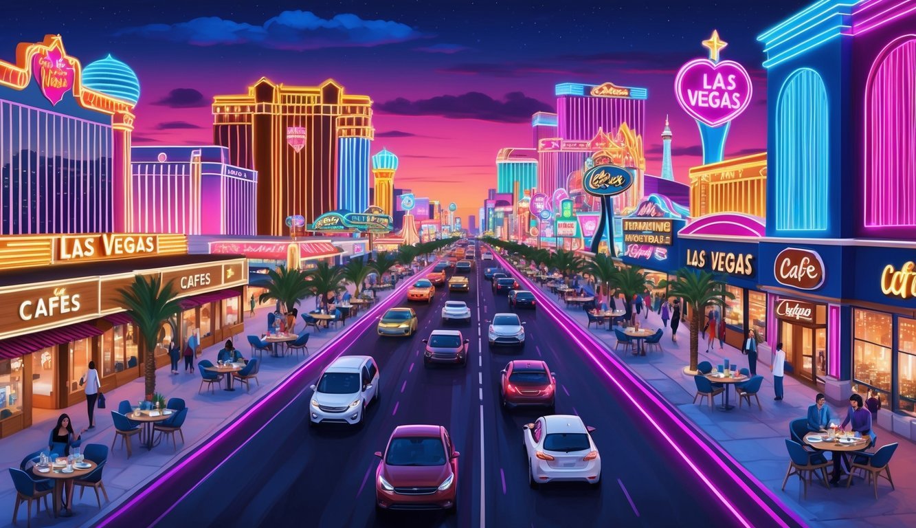 A bustling Las Vegas strip lined with modern co-working spaces and cafes, surrounded by the iconic neon lights and vibrant energy of the city