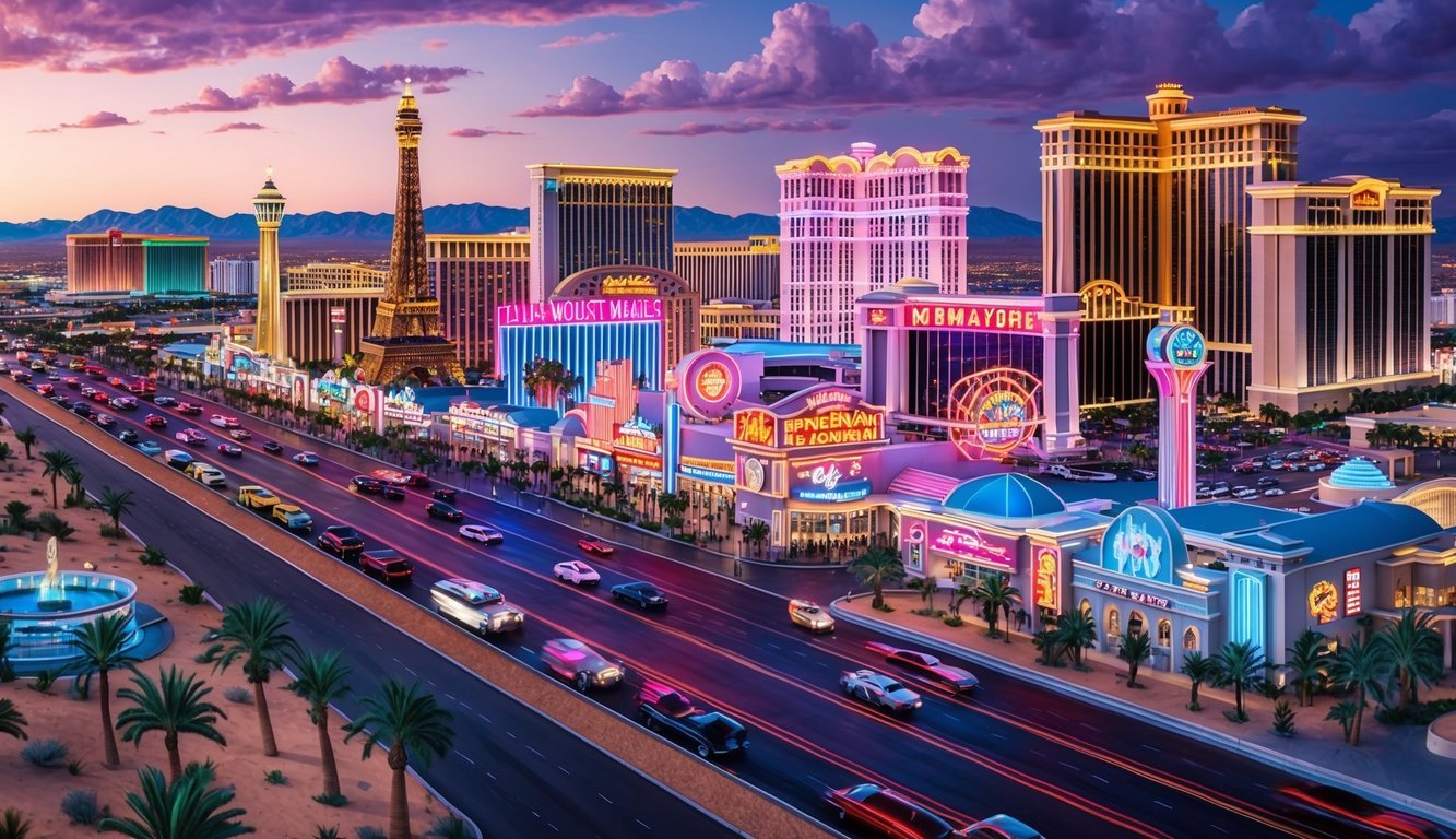 A bustling Las Vegas strip with neon lights, palm trees, and high-rise buildings, surrounded by desert landscape