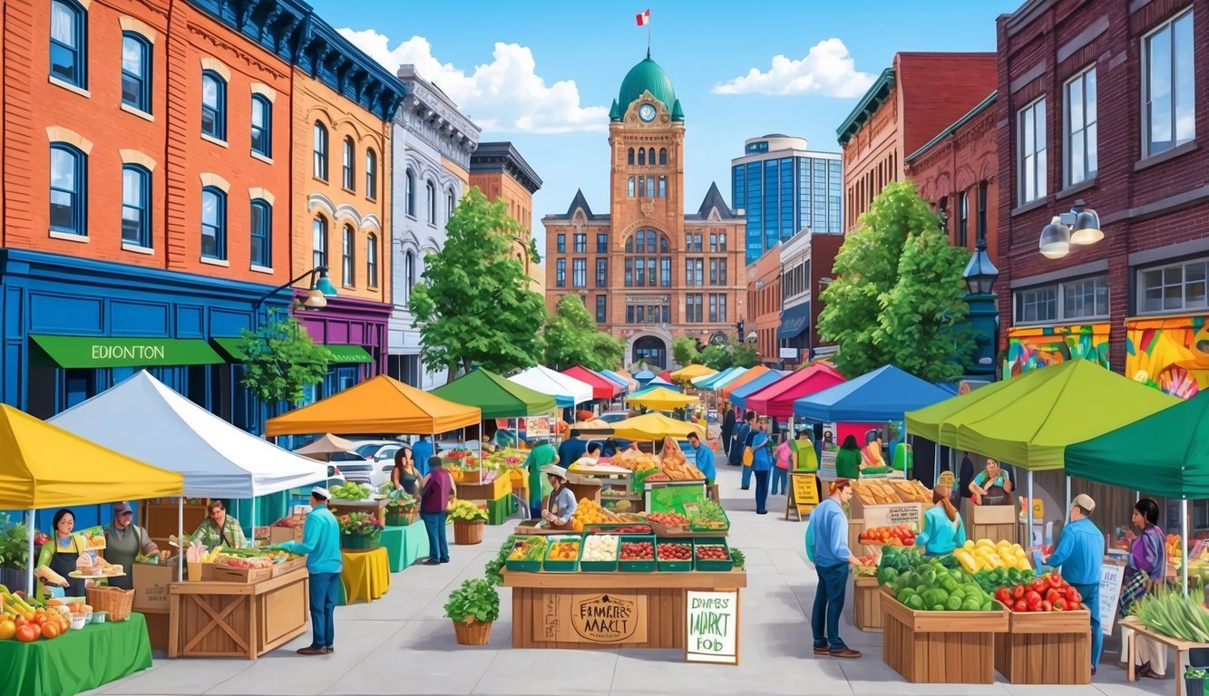 A bustling farmers' market with diverse food vendors and live music, surrounded by vibrant street art and historic buildings in downtown Edmonton, Canada