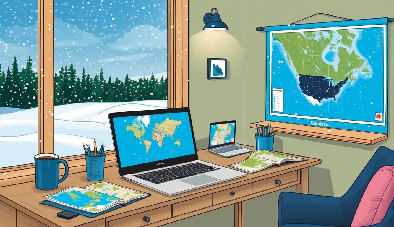 A cozy home office in Edmonton, Canada with a laptop, map, and travel essentials.</p><p>Snow falls outside the window as the digital nomad settles in