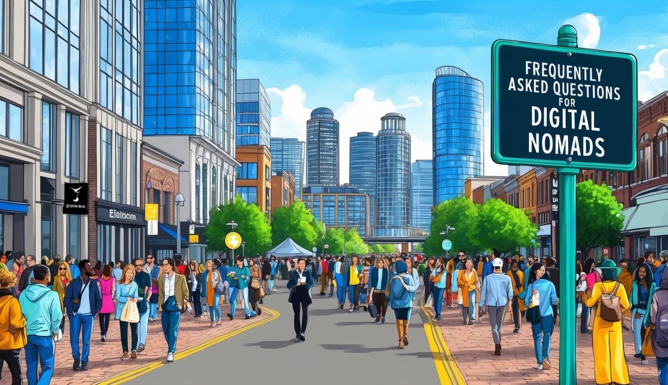 A bustling Edmonton street with a diverse crowd, a skyline of modern buildings, and a signpost with "Frequently Asked Questions" for digital nomads