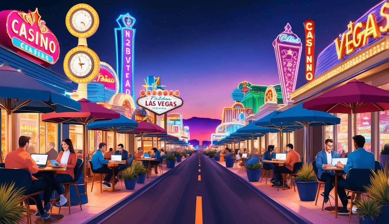 A bustling Las Vegas street with digital nomads working in outdoor cafes and co-working spaces, surrounded by bright lights and iconic casino signs