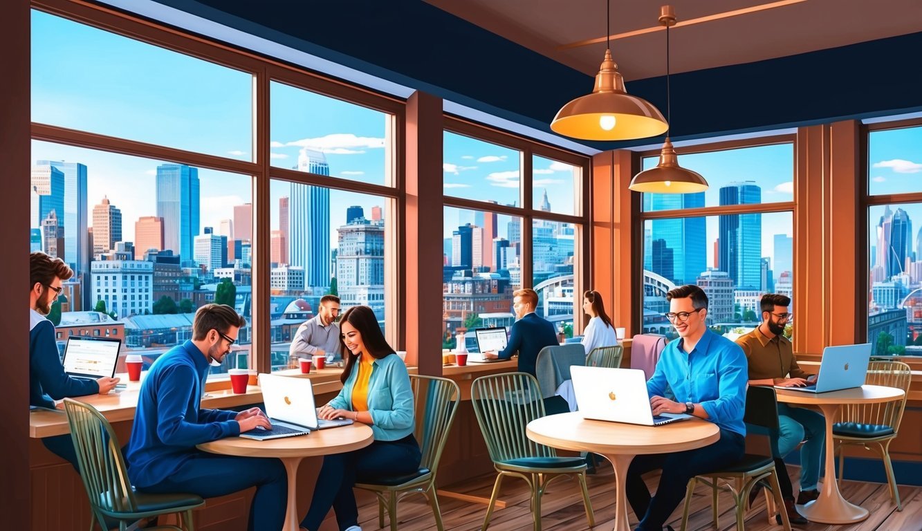 A cozy coffee shop with people working on laptops, surrounded by modern decor and large windows overlooking the city skyline