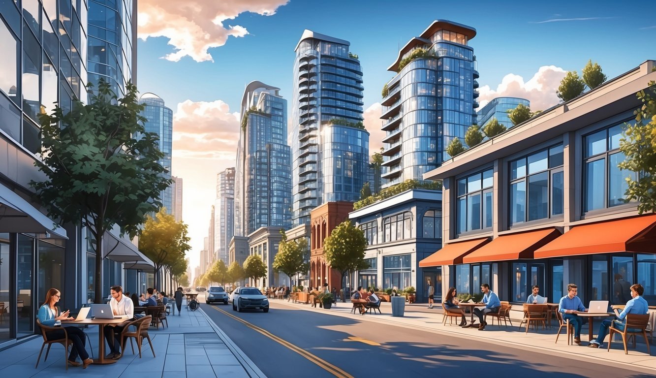 A bustling Vancouver street with modern skyscrapers, co-working spaces, and people working on laptops in outdoor cafes