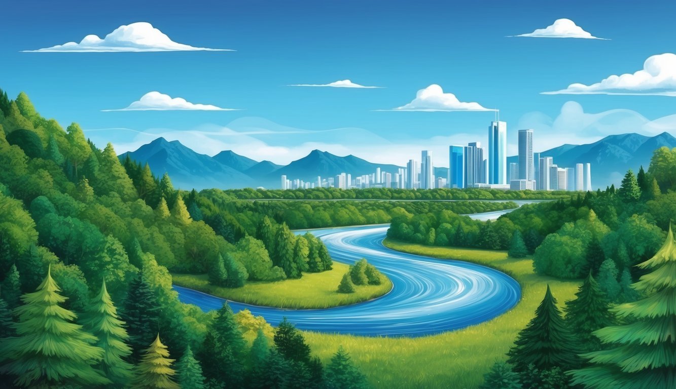 A lush forest with mountains in the background, a flowing river, and a modern city skyline in the distance, all under a clear blue sky