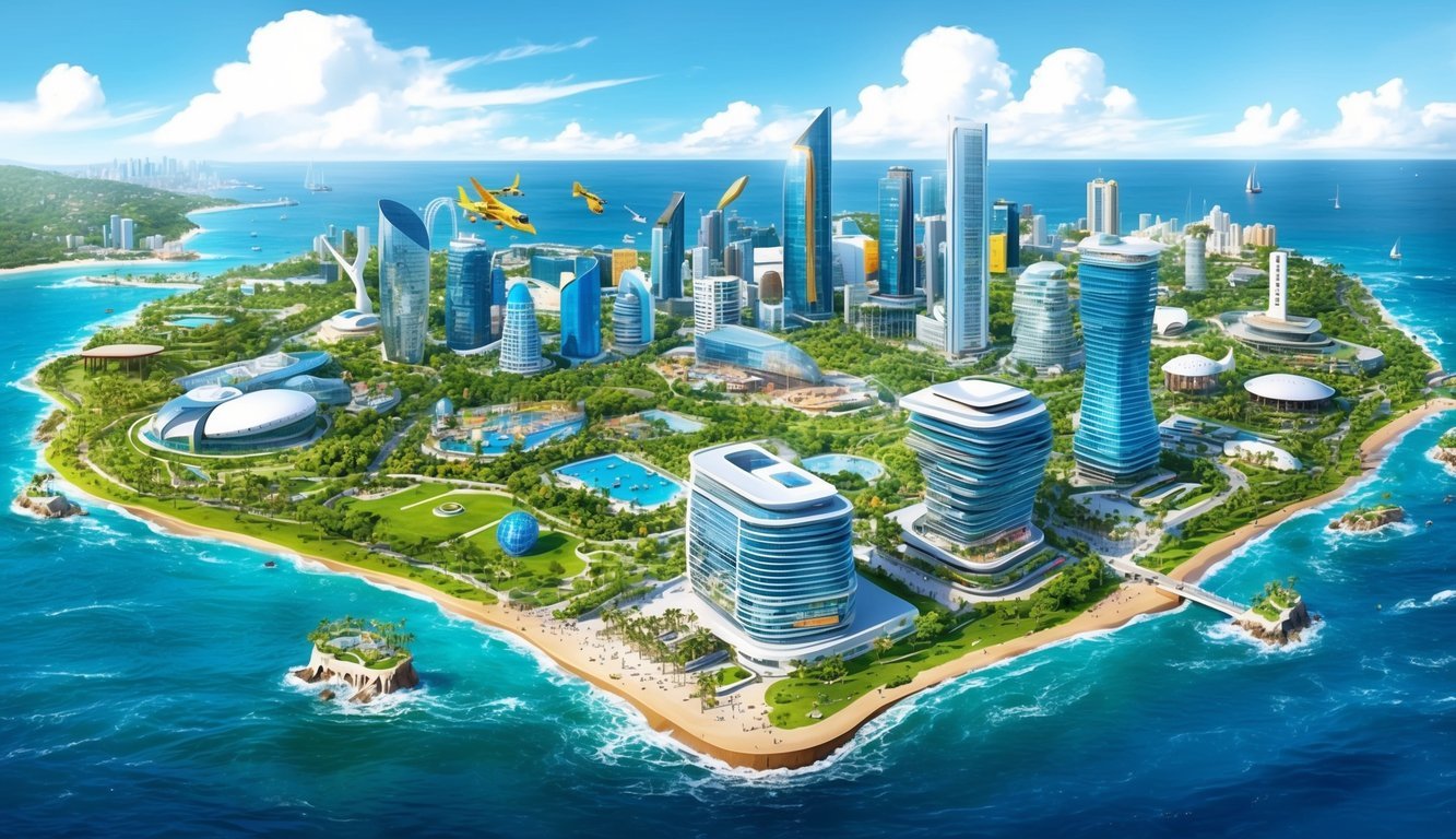 A vibrant cityscape with modern architecture, surrounded by lush greenery and the ocean, with cultural landmarks and art installations scattered throughout