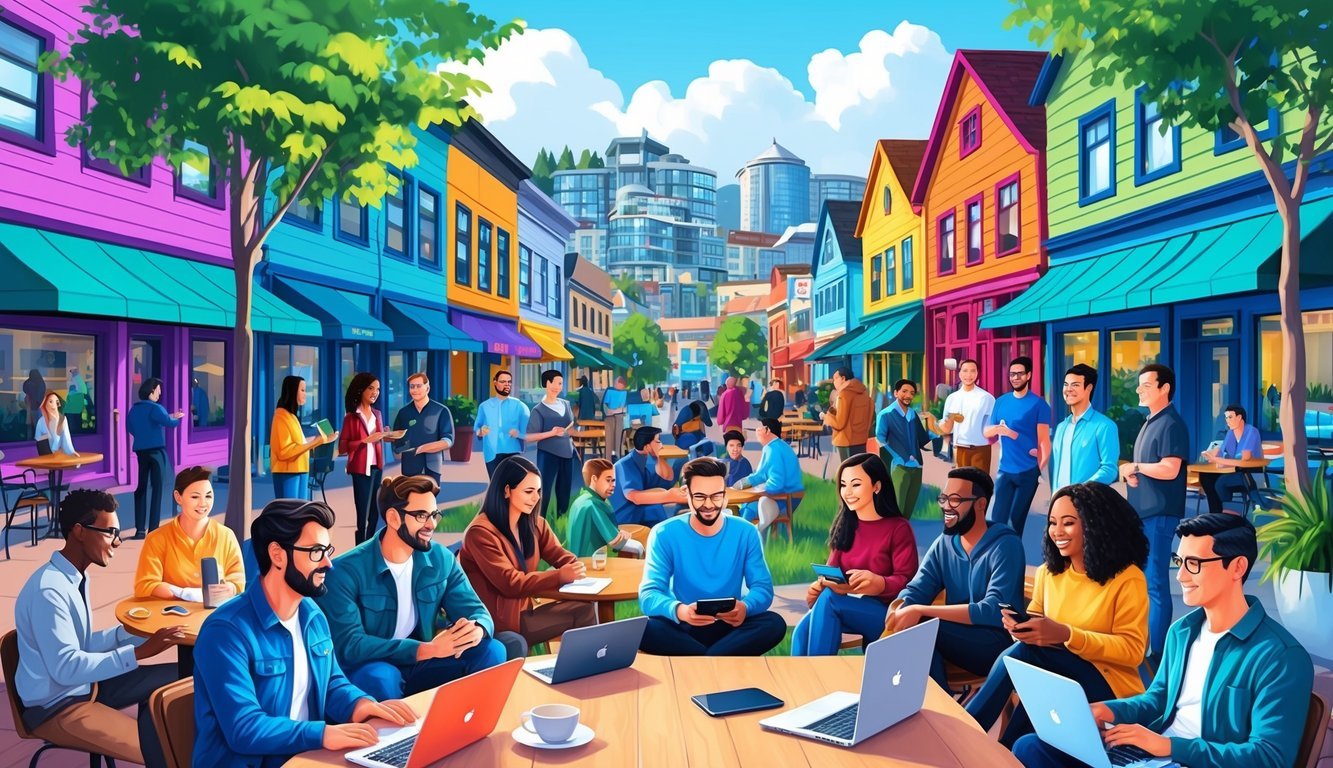 A diverse group of digital nomads gather in a vibrant Vancouver neighborhood, with colorful buildings and bustling cafes creating a welcoming community atmosphere