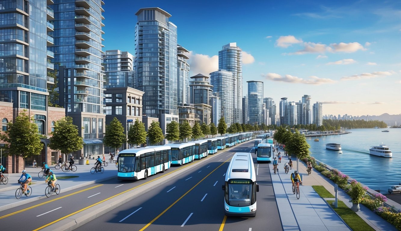 A bustling city street with modern skyscrapers, electric buses, and cyclists commuting alongside a scenic waterfront in Vancouver, Canada