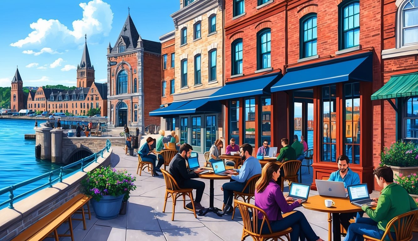 A bustling coffee shop with people working on laptops, surrounded by historic buildings and waterfront views in Halifax, Canada