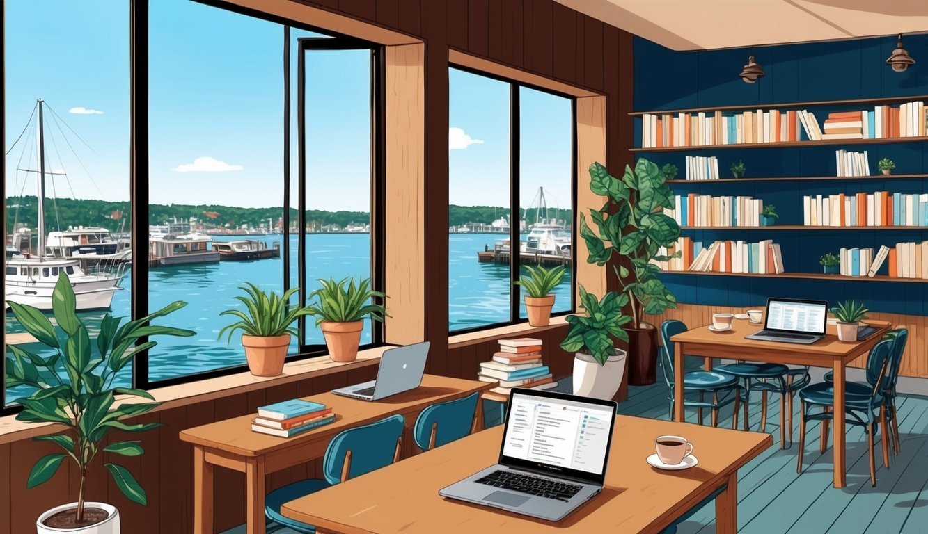 A cozy coffee shop with laptops, books, and plants, overlooking the harbor in Halifax, Canada