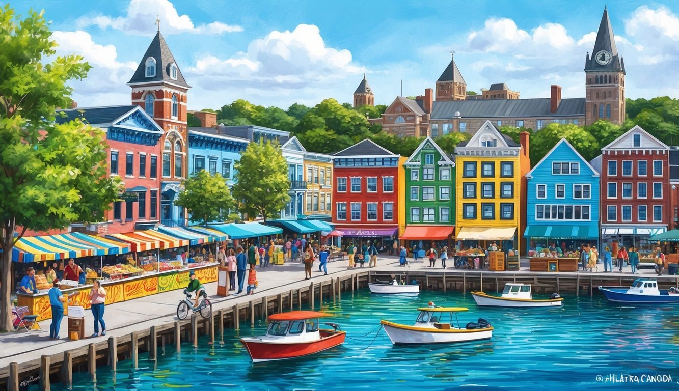 A bustling waterfront with colorful buildings, street art, and diverse food vendors, surrounded by lush greenery and historic architecture in Halifax, Canada