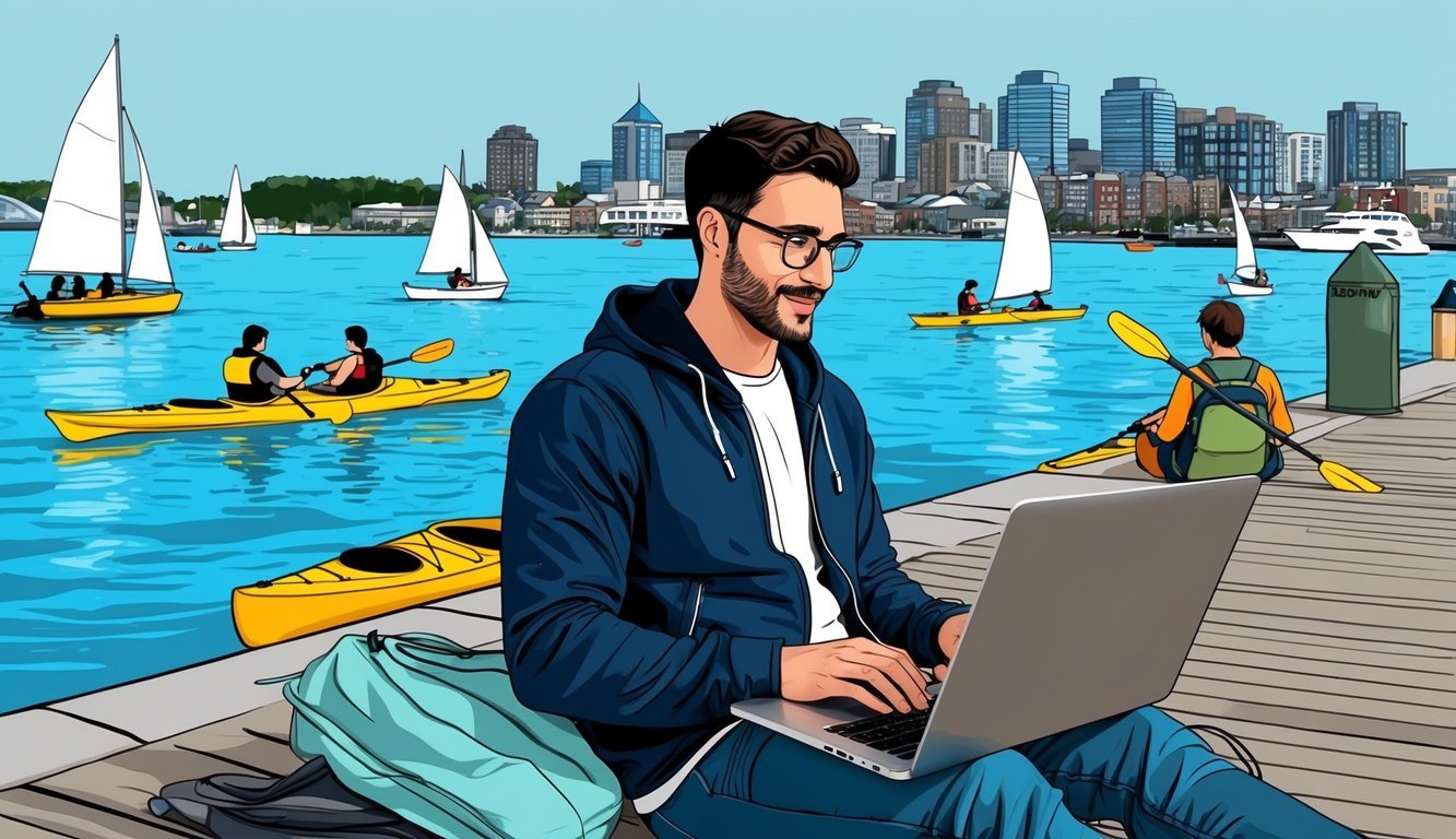A digital nomad working on a laptop by the waterfront, with kayakers and sailboats in the background, and the city skyline of Halifax, Canada in the distance
