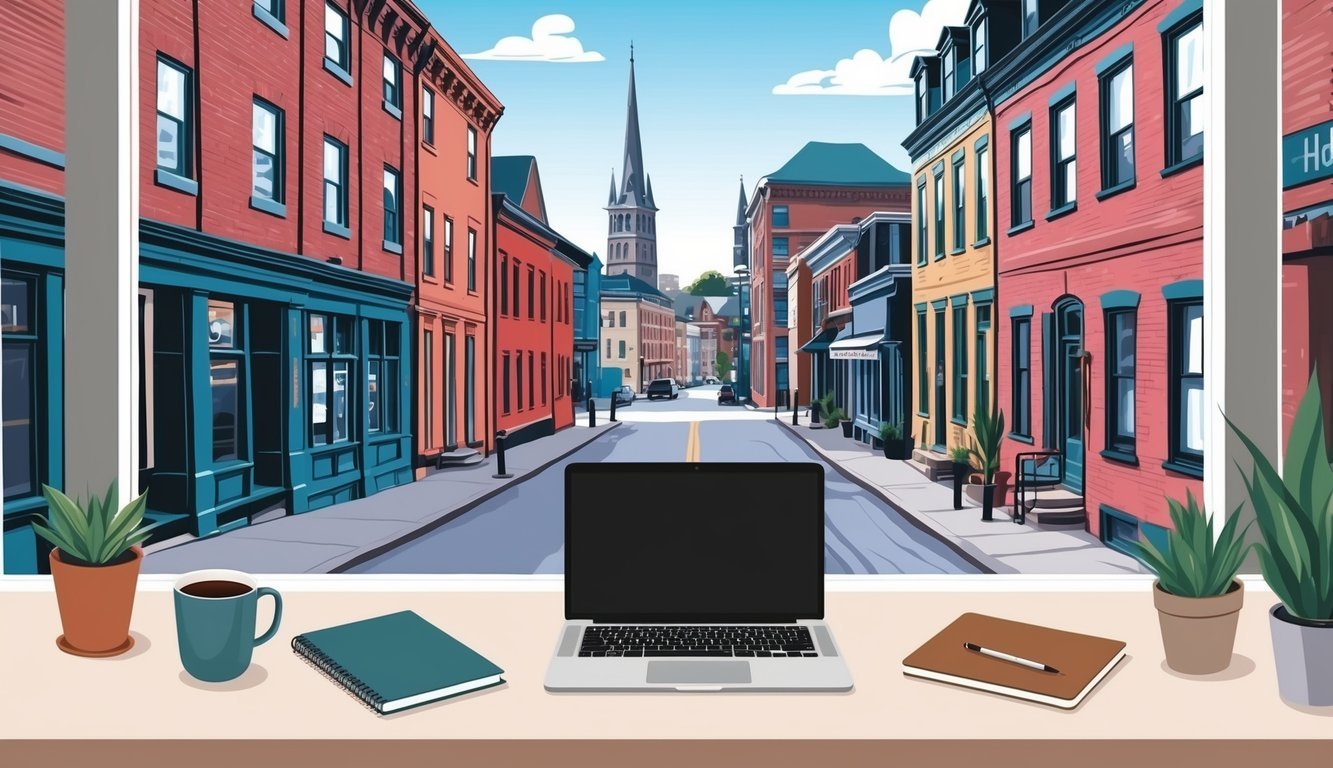 A cozy, minimalist workspace with a laptop, notebook, and coffee mug overlooking the historic streets of Halifax, Canada