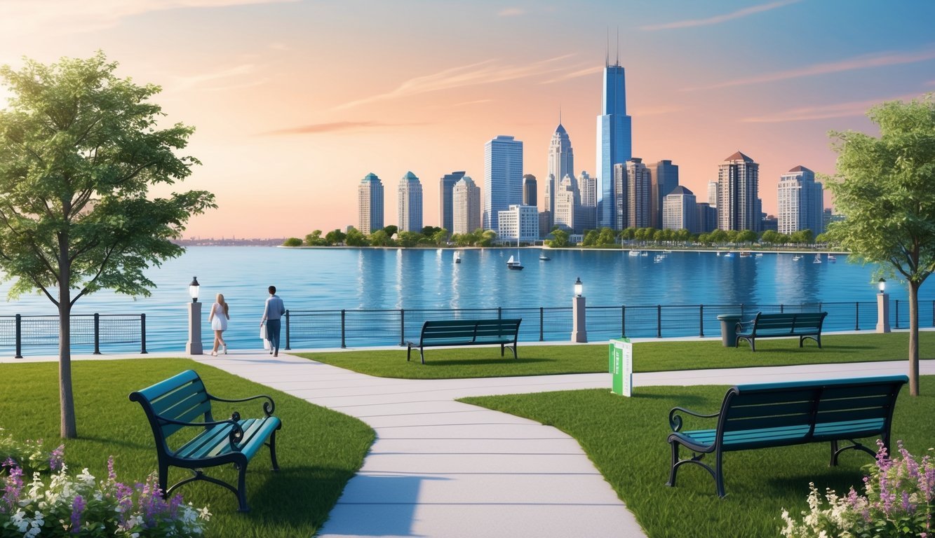 A serene waterfront park with benches, a walking path, and a view of the city skyline