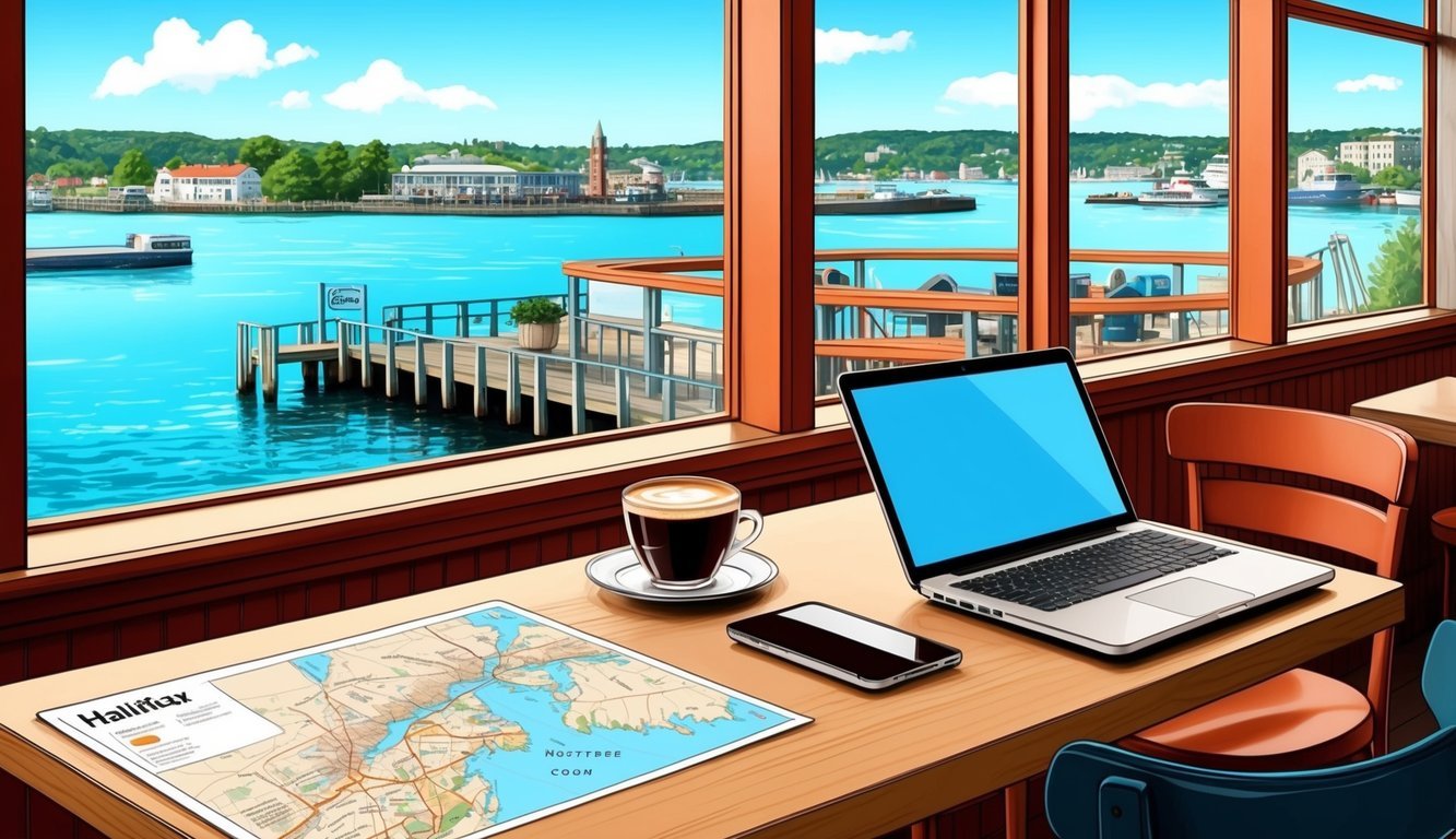 A cozy cafe in Halifax, Canada with a laptop, coffee, and map on the table, overlooking the waterfront