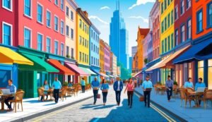 Colorful street scene with people walking and a tall skyscraper in the distance