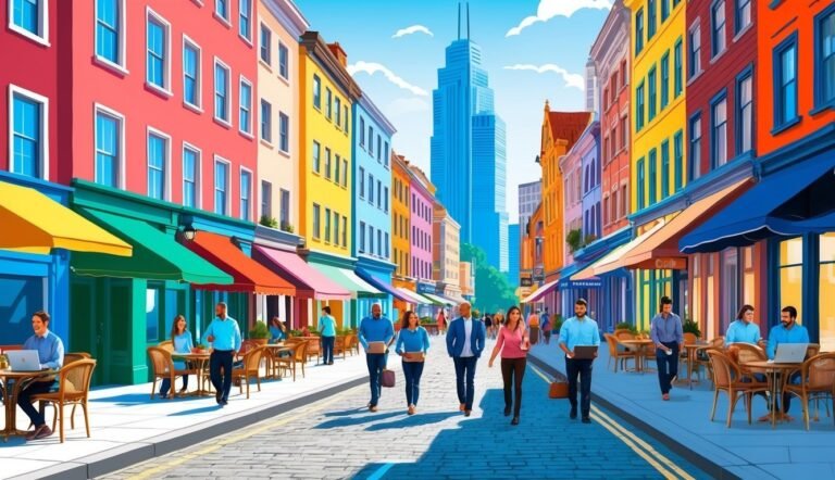 Colorful street scene with people walking and a tall skyscraper in the distance