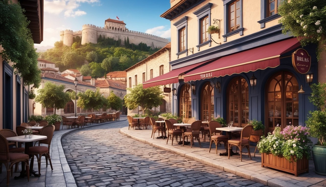 Cobblestone street with outdoor cafe and castle on a hill in background
