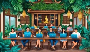 People working on laptops in a tropical, ornate co-working space with Buddha statue