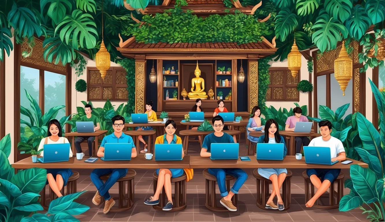 People working on laptops in a tropical, ornate co-working space with Buddha statue