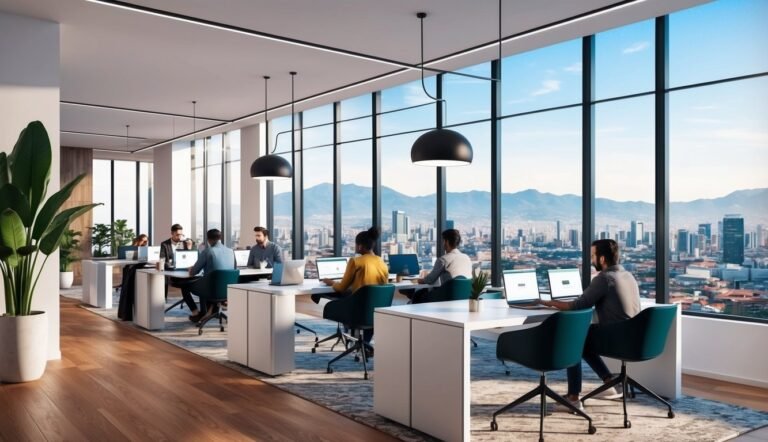Modern office with people working at desks, city view through windows