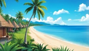Tropical beach scene with huts, palm trees, and blue ocean