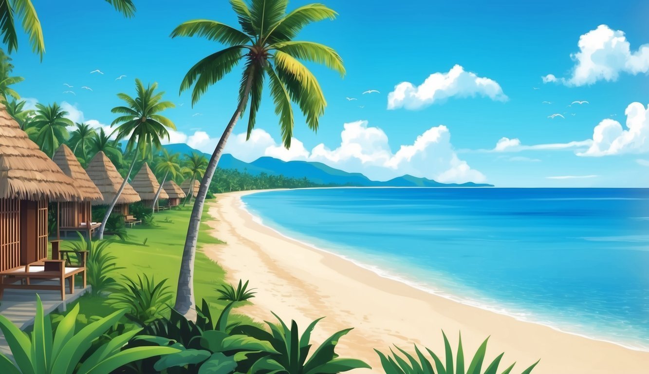 Tropical beach scene with huts, palm trees, and blue ocean