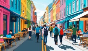 People walking down a colorful street with shops and cafes