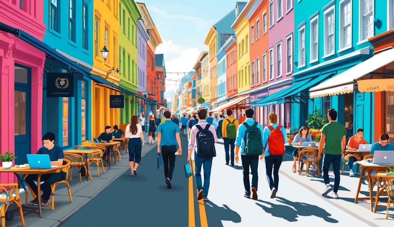 People walking down a colorful street with shops and cafes