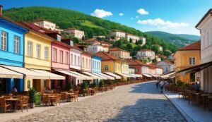 Colorful buildings line a cobblestone street with restaurants and a green hillside